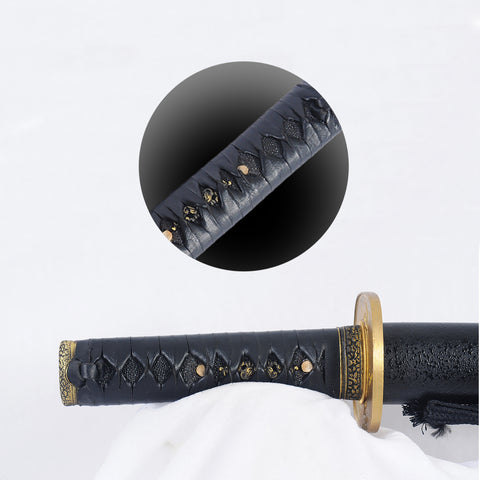 Hand Forged Japanese Tanto Short Sword Folded Steel Feather Pattern Brass Tsuba Full Tang-COOLKATANA-SL-1265-U