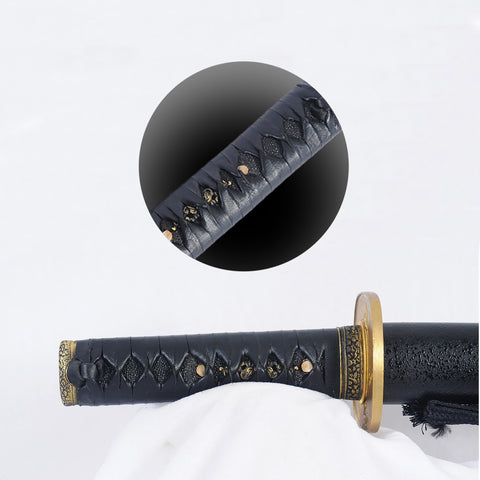 Hand Forged Japanese Tanto Short Sword Folded Steel Feather Pattern Brass Tsuba Full Tang-COOLKATANA
