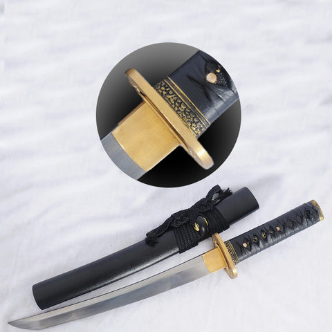 Hand Forged Japanese Tanto Short Sword Folded Steel Feather Pattern Brass Tsuba Full Tang-COOLKATANA-SL-1265-U