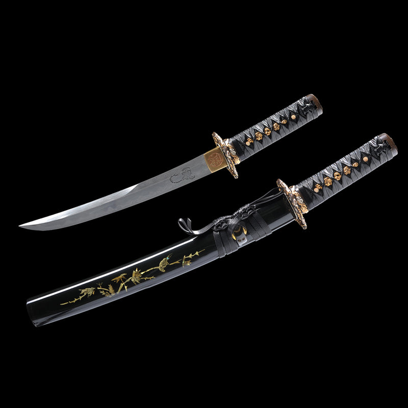Hand Forged Japanese Tanto Short Sword Kanmuri-Otoshi Zukuri 1095 Folded Steel Shell Saya Sharp - COOLKATANA 