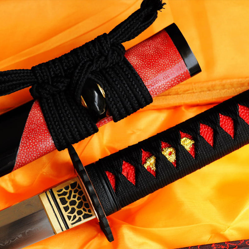Hand Forged Japanese Tanto Short Sword Sanmai Clay Tempered Half-Rayskin Saya Sharp - COOLKATANA 