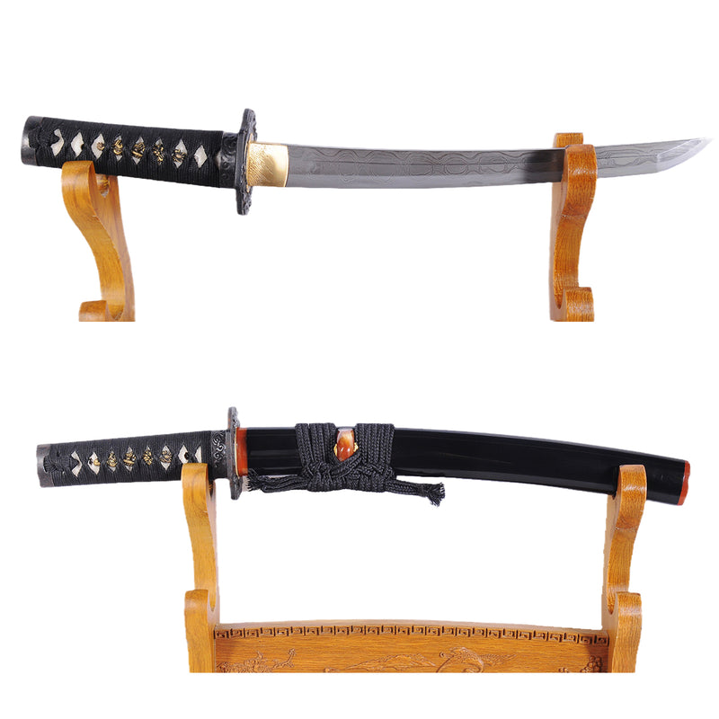 Hand Forged Japanese Tanto Sword Damascus 1095 Carbon Steel Short Sword Iron Tsuba - COOLKATANA 