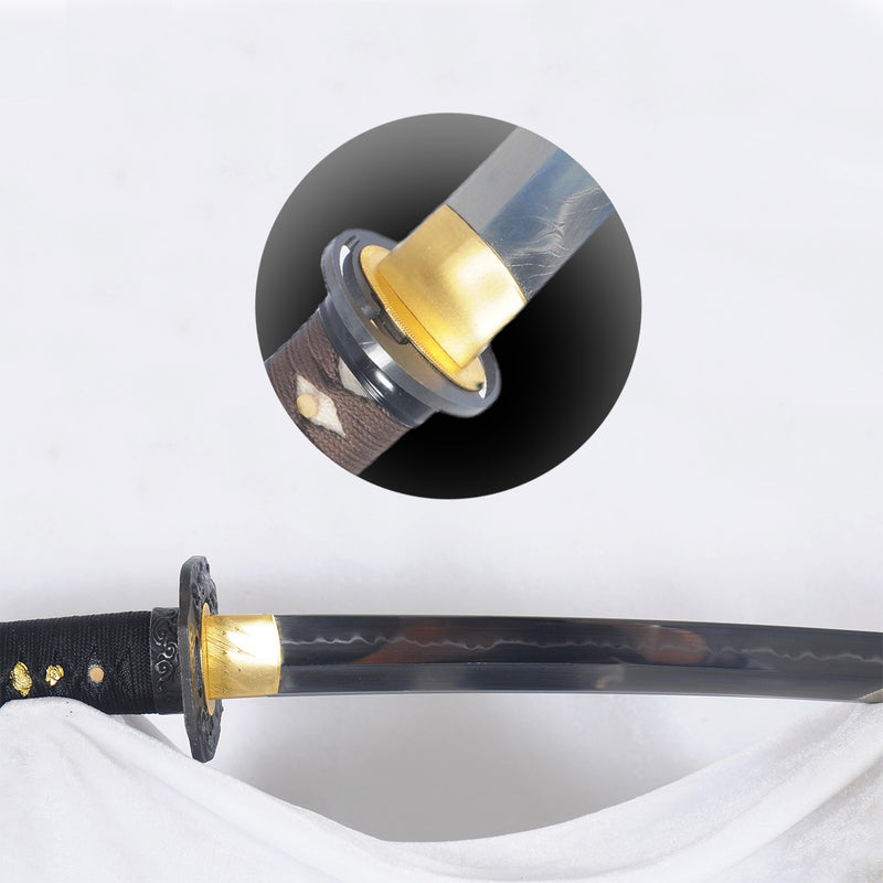 ดาบญี่ปุ่นแบบตีขึ้นมือ ดาบสั้น ดาบดินเผา ลายขนนก ใบมีดเหล็ก Tsuba - COOLKATANA 