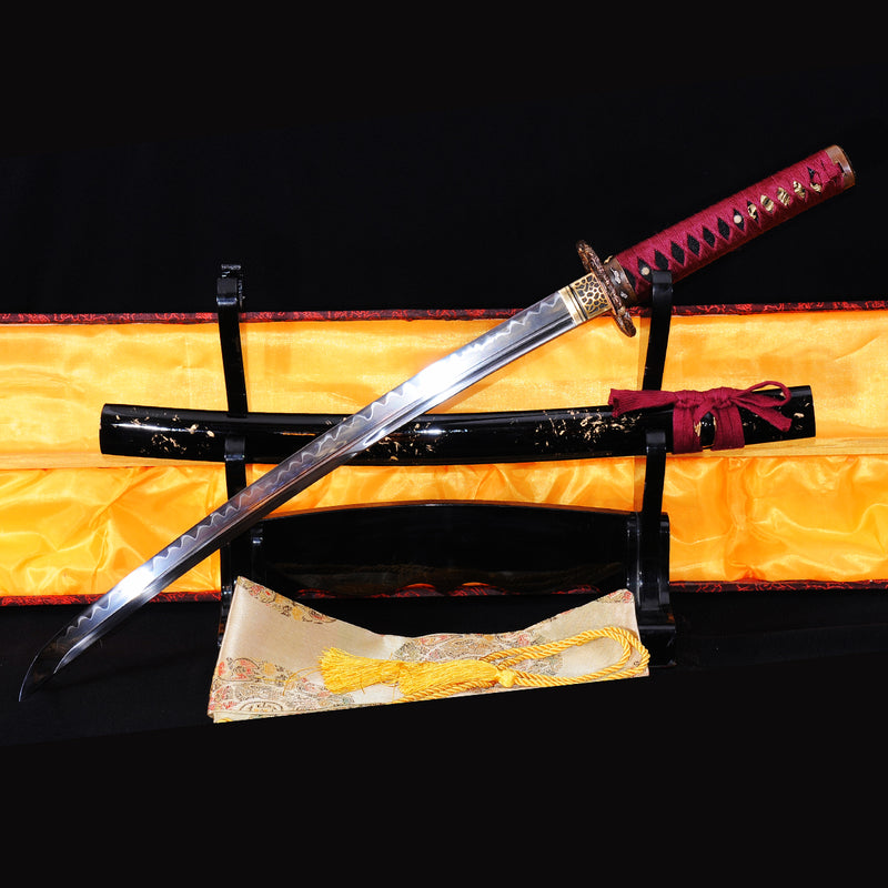 Hand Forged Japanese Wakizashi Sword 1095 Carbon Steel Clay Tempered Copper Dragon Tsuba - COOLKATANA 