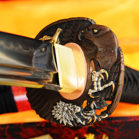 Hand Forged Japanese Wakizashi Sword 1095 Carbon Steel Clay Tempered Rayskin Saya Copper Eagle Tsuba-COOLKATANA-SL-323-U
