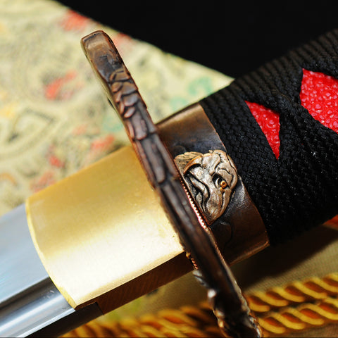 Hand Forged Japanese Wakizashi Sword 1095 Carbon Steel Clay Tempered Rayskin Saya Copper Eagle Tsuba-COOLKATANA-SL-323-U