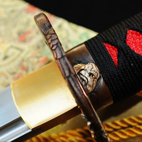 Hand Forged Japanese Wakizashi Sword 1095 Carbon Steel Clay Tempered Rayskin Saya Copper Eagle Tsuba-COOLKATANA
