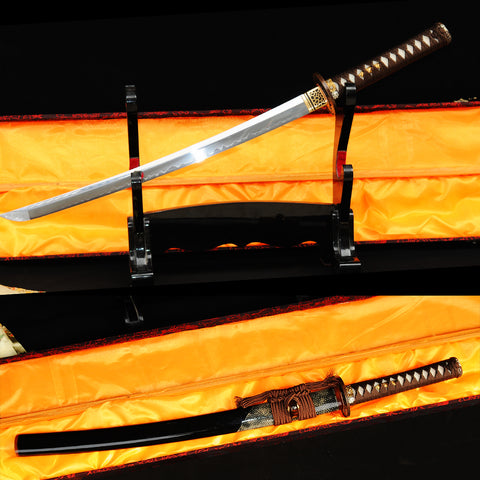 Hand Forged Japanese Wakizashi Sword 1095 Carbon Steel Clay Tempered Rayskin Saya Copper Tsuba-COOLKATANA-SL-325-U