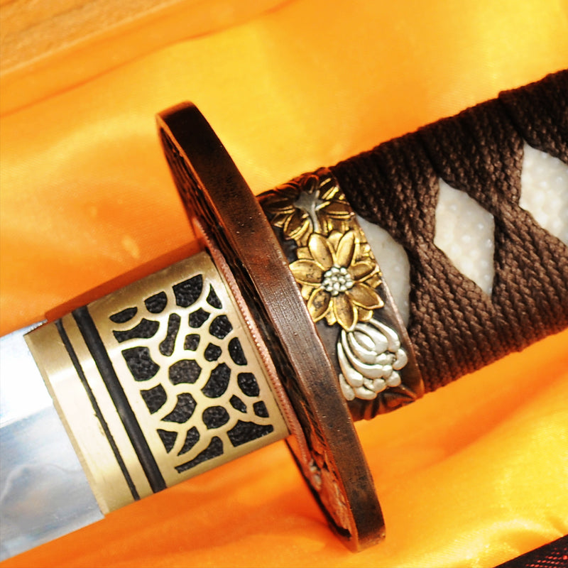 Hand Forged Japanese Wakizashi Sword 1095 Carbon Steel Clay Tempered Rayskin Saya Copper Tsuba - COOLKATANA 