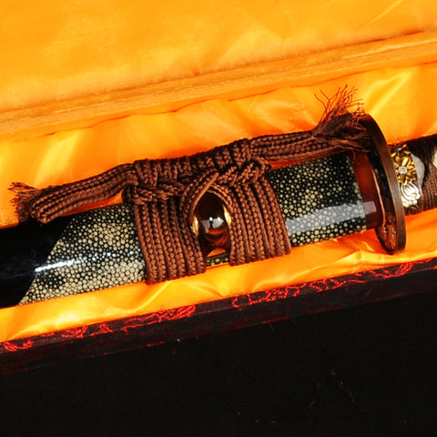 Hand Forged Japanese Wakizashi Sword 1095 Carbon Steel Clay Tempered Rayskin Saya Copper Tsuba-COOLKATANA-SL-325-U
