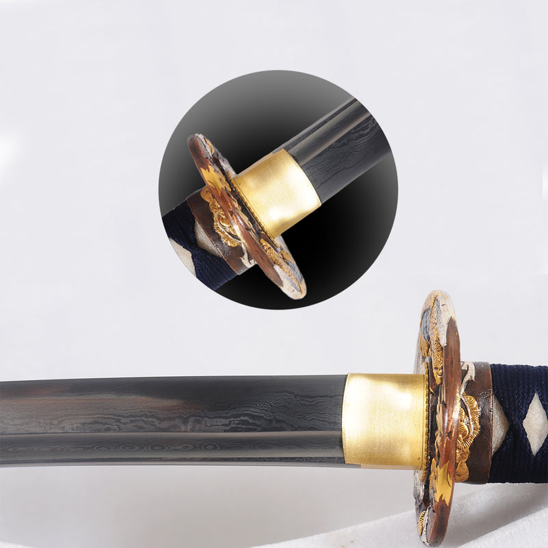 Hand Forged Japanese Wakizashi Sword Damascus Folded Steel Blade Copper Eagle Tsuba Sharp - COOLKATANA 