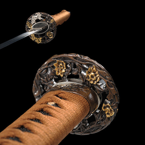 Hand Forged Japanese Wakizashi Sword Feathered-Pattern Folded Steel Copper Tsuba-COOLKATANA-SL-1230-U