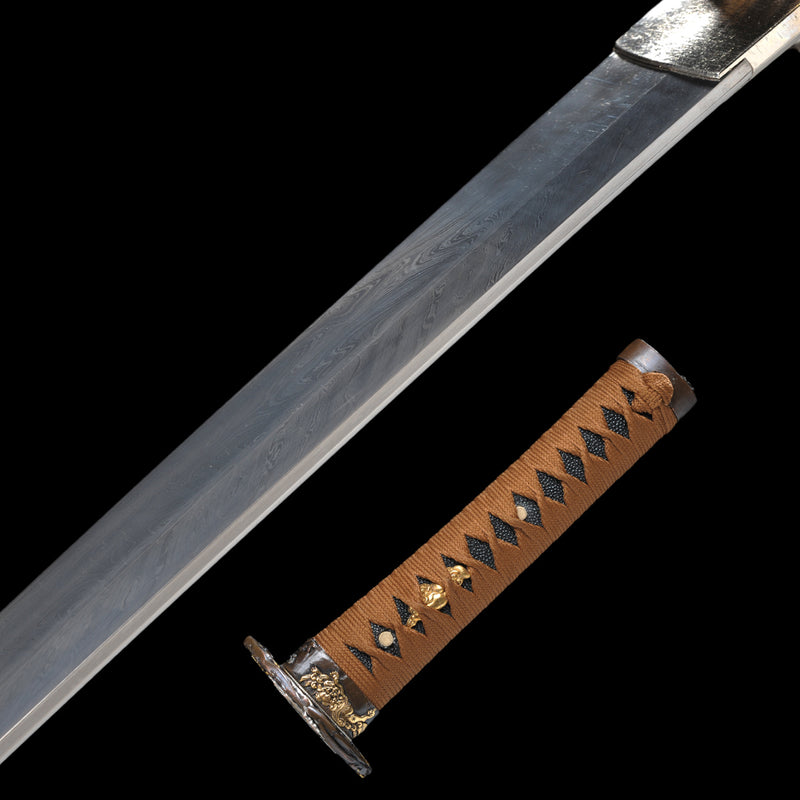 Hand Forged Japanese Wakizashi Sword Feathered-Pattern Folded Steel Copper Tsuba - COOLKATANA 