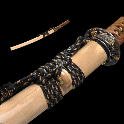 Hand Forged Japanese Wakizashi Sword Feathered-Pattern Folded Steel Copper Tsuba-COOLKATANA