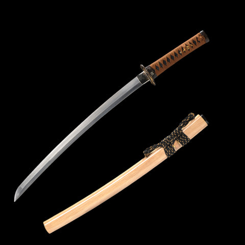 Hand Forged Japanese Wakizashi Sword Feathered-Pattern Folded Steel Copper Tsuba-COOLKATANA