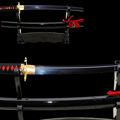 Hand Forged Japanese Wakizashi Sword Folded Steel Black Blade Alloy Tsuba-COOLKATANA