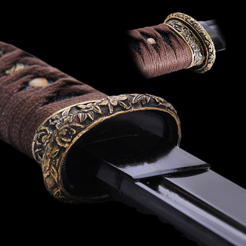 Hand Forged Japanese Wakizashi Sword Folded Steel Black Blade Brass Fittings-COOLKATANA