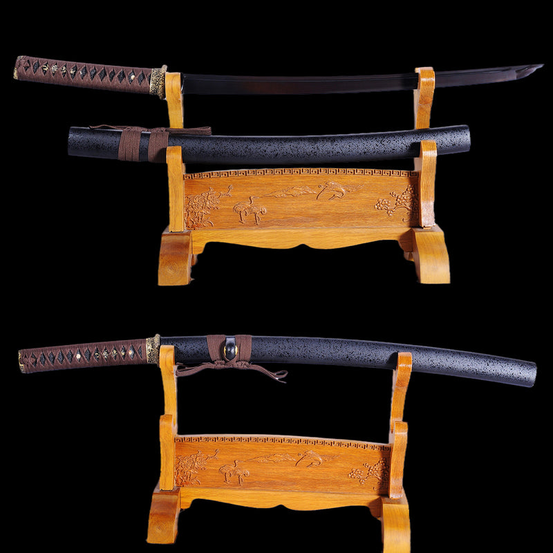 Hand Forged Japanese Wakizashi Sword Folded Steel Black Blade Brass Fittings - COOLKATANA 
