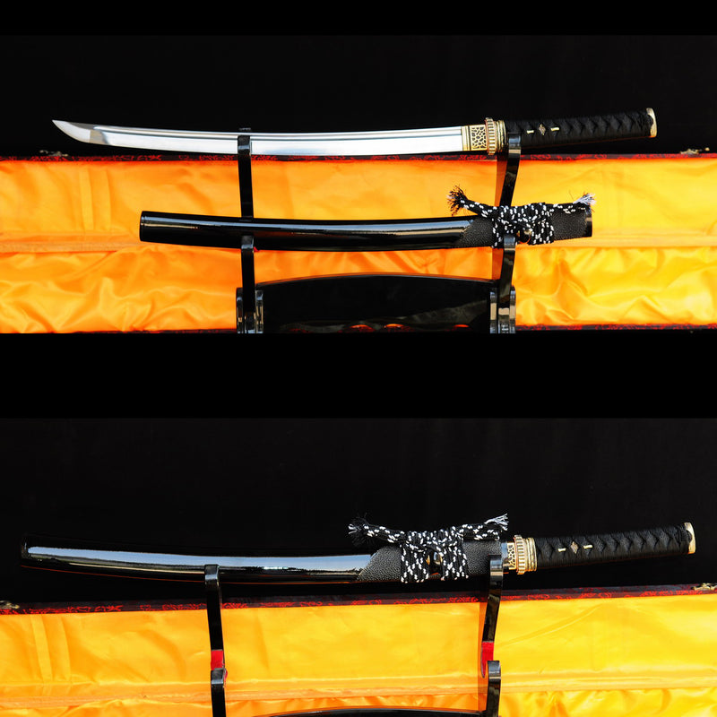 Hand Forged Japanese Wakizashi Sword Folded Steel Blade Rayskin Saya Brass Tsuba - COOLKATANA 