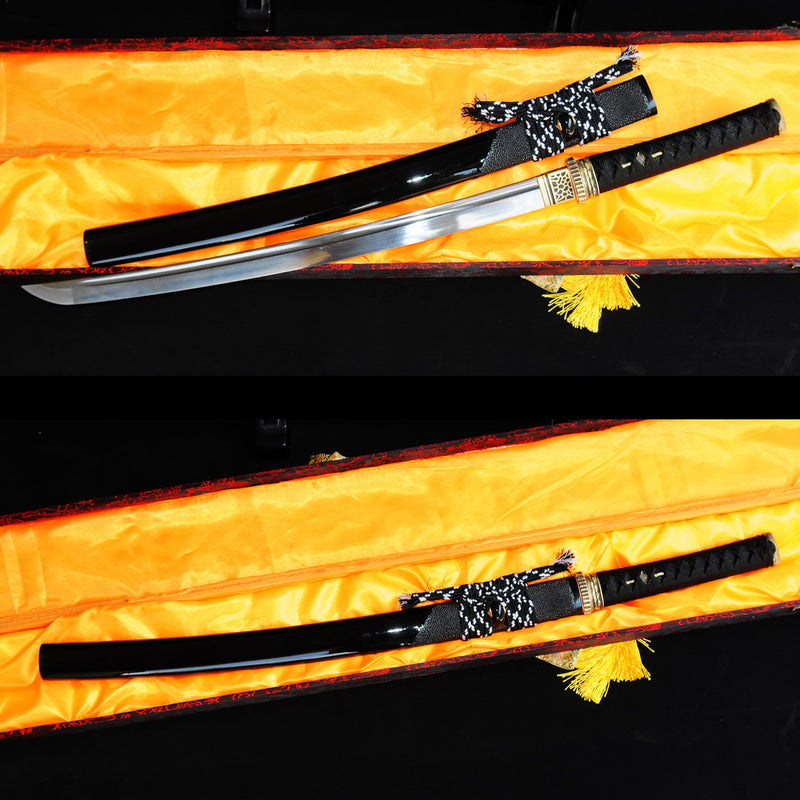 Hand Forged Japanese Wakizashi Sword Folded Steel Blade Rayskin Saya Brass Tsuba - COOLKATANA 