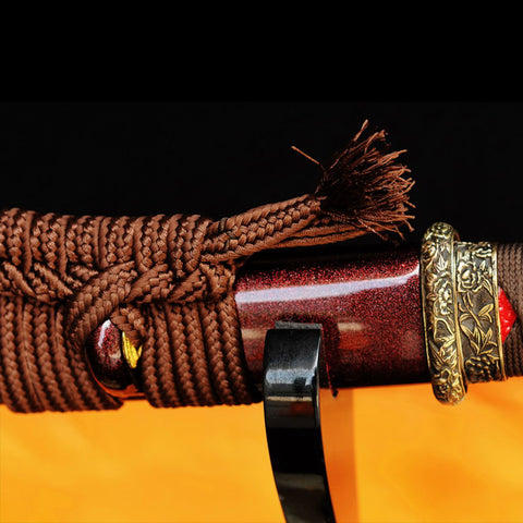 Hand Forged Japanese Wakizashi Sword Folded Steel Brass Tsuba Reddish Black Blade-COOLKATANA-SL-322-U