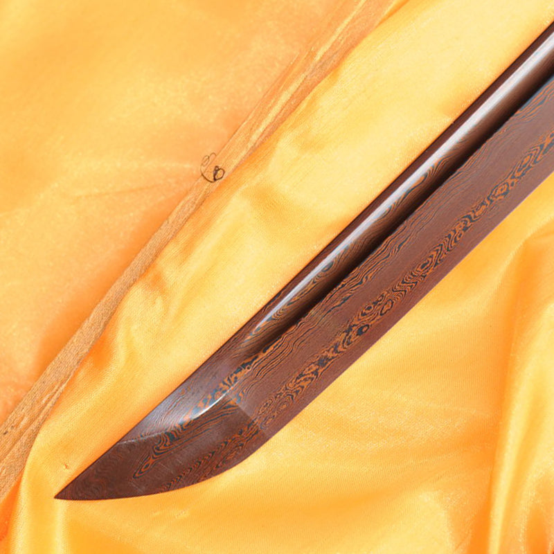 Hand Forged Japanese Wakizashi Sword Folded Steel Brass Tsuba Reddish Black Blade - COOLKATANA 