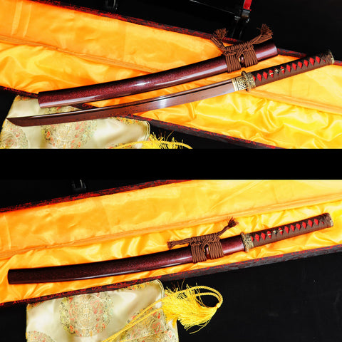 Hand Forged Japanese Wakizashi Sword Folded Steel Brass Tsuba Reddish Black Blade-COOLKATANA