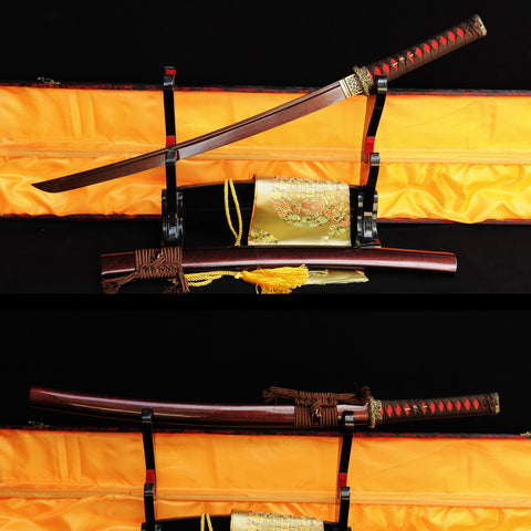 Hand Forged Japanese Wakizashi Sword Folded Steel Brass Tsuba Reddish Black Blade-COOLKATANA-SL-322-U