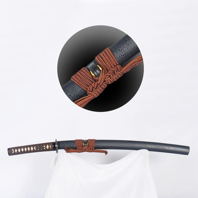 Hand Forged Japanese Wakizashi Sword Folded Steel Clay Tempered Feather Pattern Blade Iron Tsuba Battle Ready - COOLKATANA 