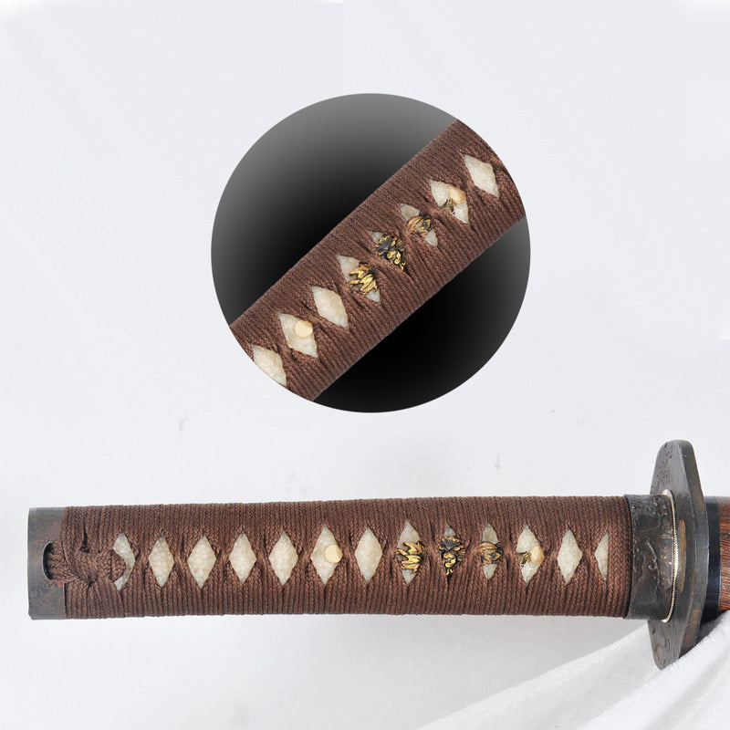 Hand Forged Japanese Wakizashi Sword Folded Steel Feathered-Pattern Antiqued Iron Tsuba - COOLKATANA 