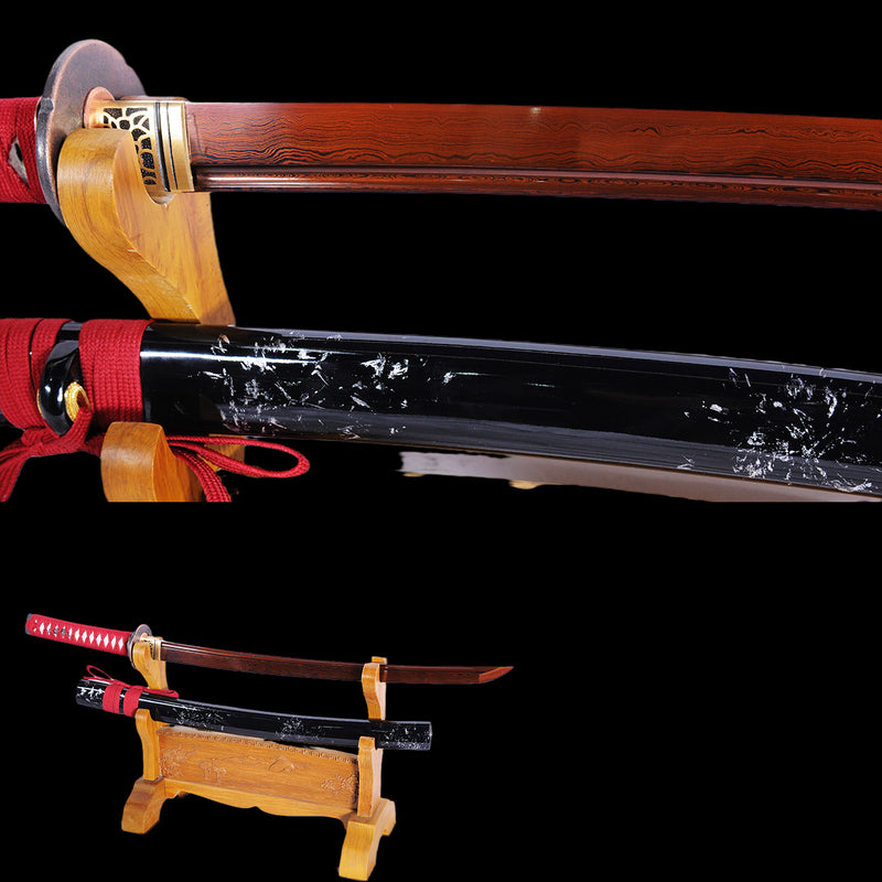 Hand Forged Japanese Wakizashi Sword Folded Steel Reddish Black Blade Full Tang - COOLKATANA 
