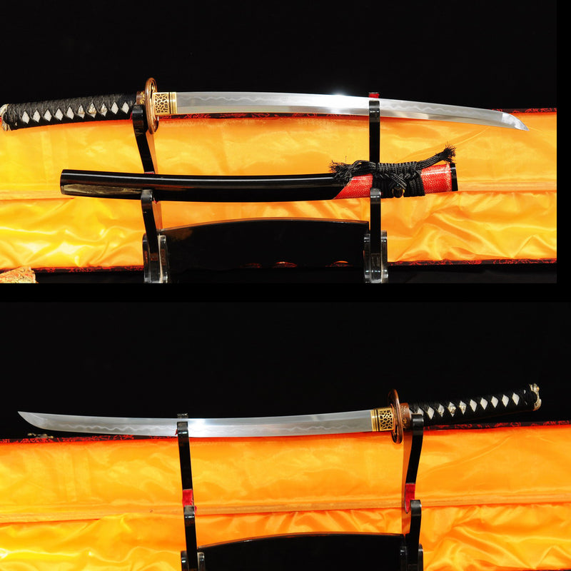 Hand Forged Japanese Wakizashi Sword Honsanmai 1095 Carbon Steel+Folded Clay Tempered Steel - COOLKATANA 