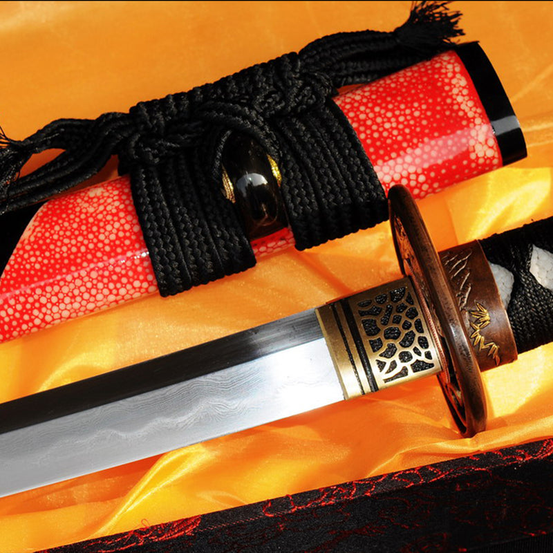 Hand Forged Japanese Wakizashi Sword Honsanmai 1095 Carbon Steel+Folded Clay Tempered Steel - COOLKATANA 