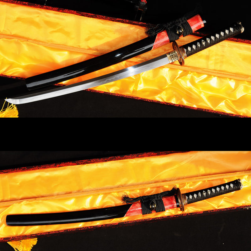 Hand Forged Japanese Wakizashi Sword Honsanmai 1095 Carbon Steel+Folded Clay Tempered Steel - COOLKATANA 