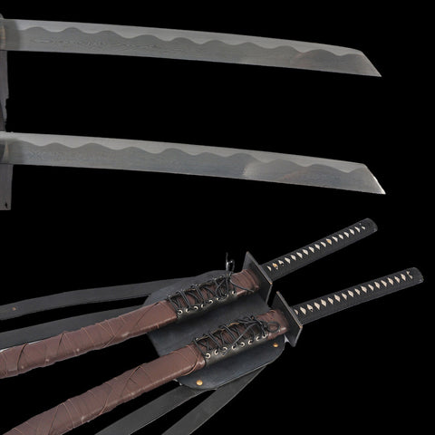 Hand Forged Marvel Deadpool Double Swords Replica Folded Steel Brass Tsuba Leather Saya With Back Harness-COOLKATANA-SL-1251-U