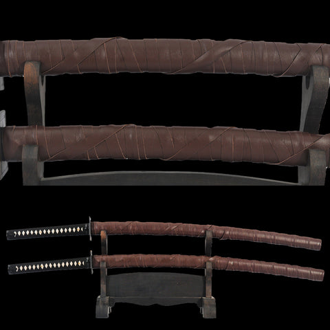Hand Forged Marvel Deadpool Double Swords Replica Folded Steel Brass Tsuba Leather Saya With Back Harness-COOLKATANA-SL-1251-U