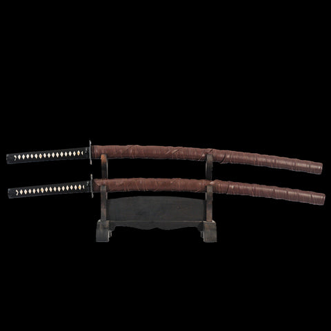 Hand Forged Marvel Deadpool Double Swords Replica Folded Steel Brass Tsuba Leather Saya With Back Harness-COOLKATANA-SL-1251-U