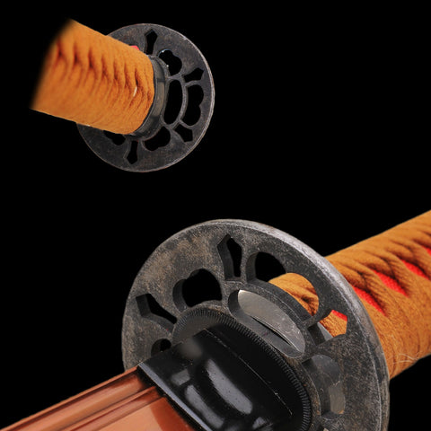 Handmade Japanese Katana Sword 1095 Carbon Steel Clay Tempered Red Blade Iron Tsuba-COOLKATANA-SL-894-U