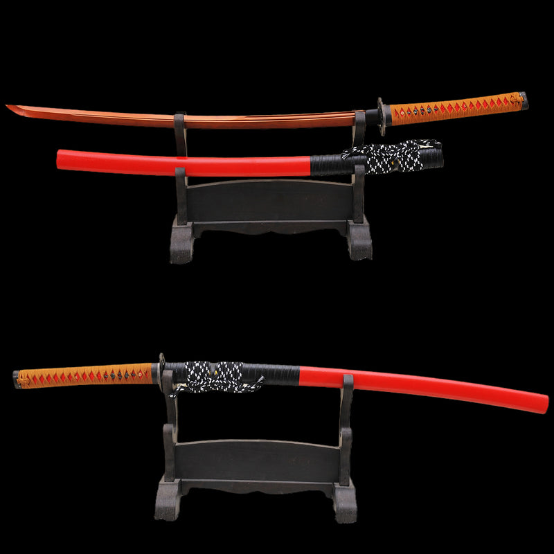 Handmade Japanese Katana Sword 1095 Carbon Steel Clay Tempered Red Blade Iron Tsuba - COOLKATANA 