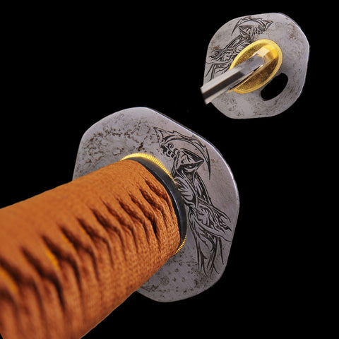 Handmade Japanese Katana Sword 1095 Carbon Steel Iron Tsuba Grim Reaper Motif-COOLKATANA-SL-909-U