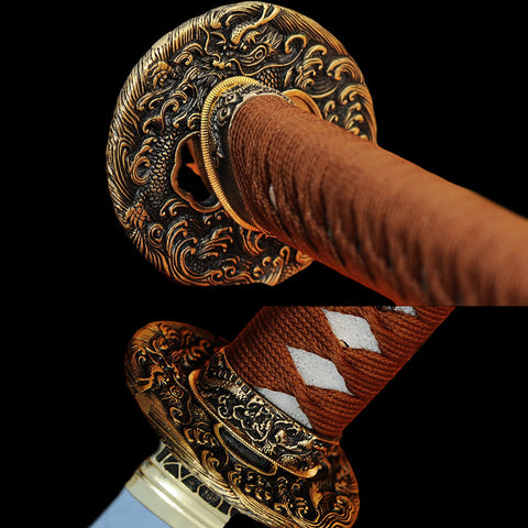 Handmade Japanese Katana Sword 1095 High Carbon Steel Clay Tempred Full Tang Brass Dragon Tsuba-COOLKATANA-SL-208-U