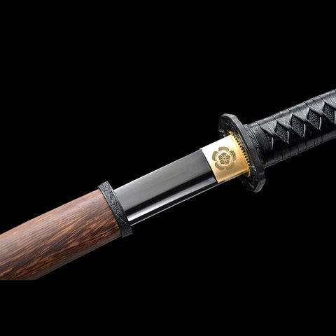 Handmade Japanese Samurai Katana, Japanese Gunto 1060 Carbon Steel Black Blade with Bo-hi Rosewood Saya-COOLKATANA