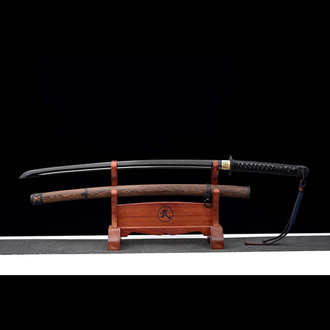 Handmade Japanese Samurai Katana, Japanese Gunto 1060 Carbon Steel Black Blade with Bo-hi Rosewood Saya-COOLKATANA