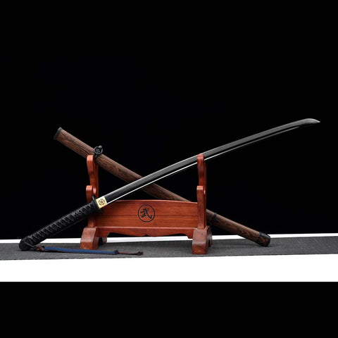 Handmade Japanese Samurai Katana, Japanese Gunto 1060 Carbon Steel Black Blade with Bo-hi Rosewood Saya-COOLKATANA