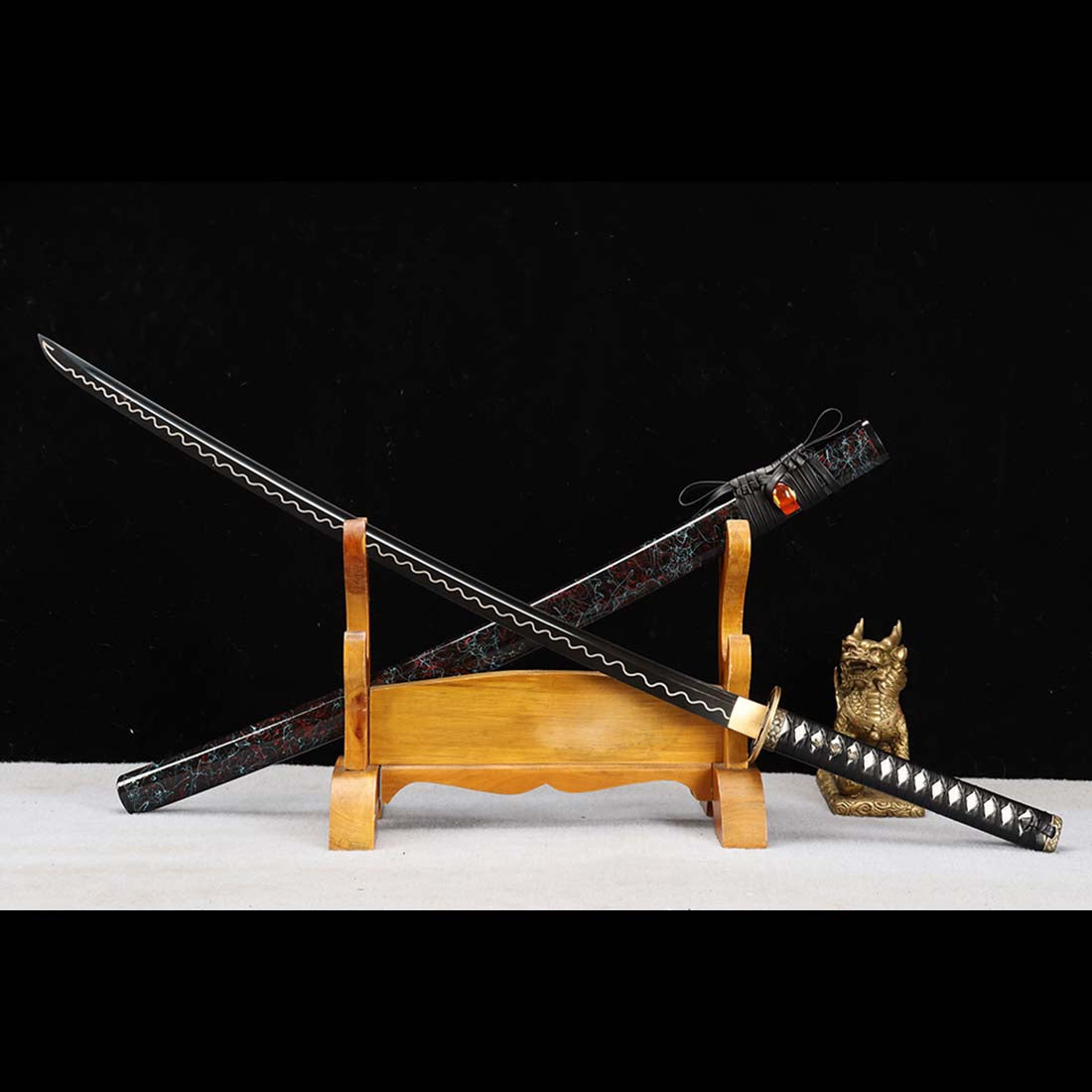Katana Ripple Pattern 1060 Carbon Steel Black Japanese Samurai Katana Blade with Bo-hi Full ...