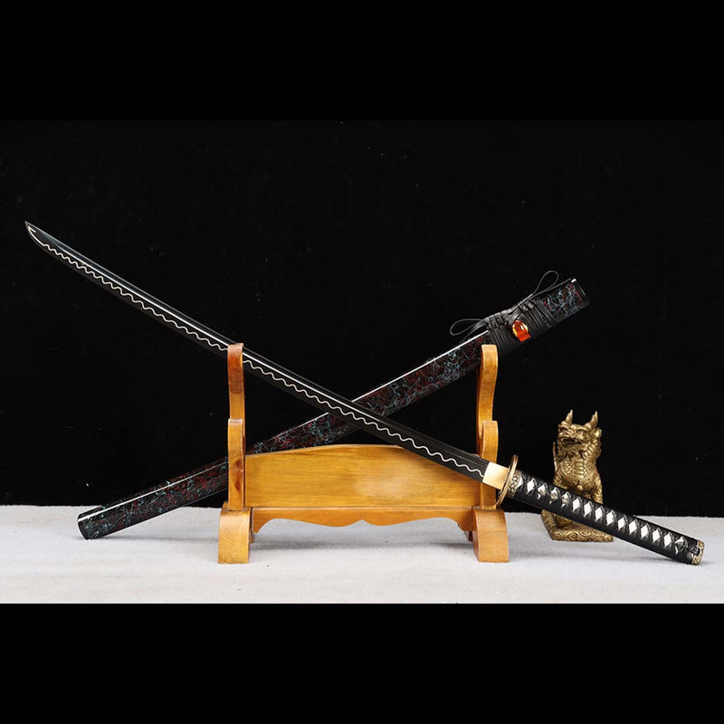 1060 Carbon Steel Black Japanese Samurai Katana Blade with Bo-hi Full Tang Ripple Sword - COOLKATANA 