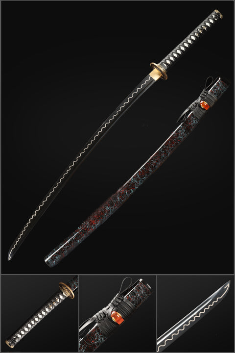 Handmade Japanese Samurai Katana, 1060 Carbon Steel Black Blade with Bo-hi Full Tang Ripple Sword-QQ-0213-U