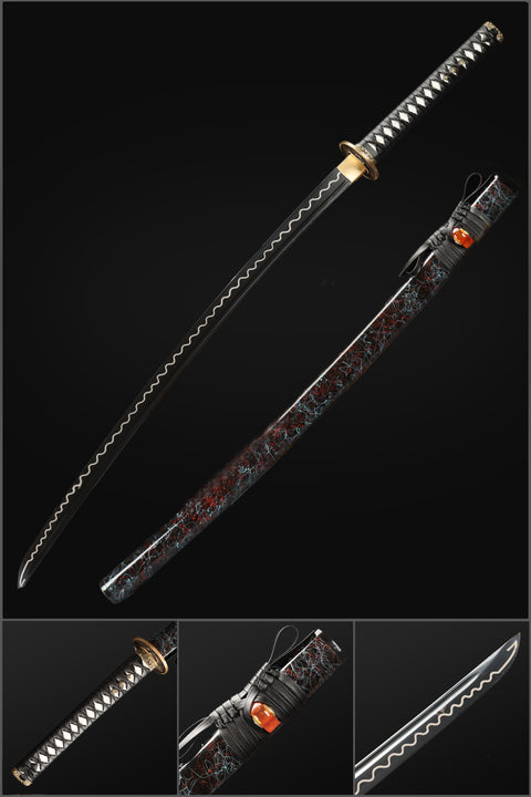 Handmade Japanese Samurai Katana, 1060 Carbon Steel Black Blade with Bo-hi Full Tang Ripple Sword