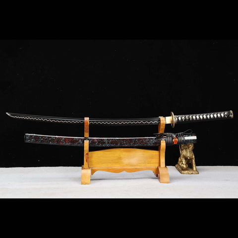 1060 Carbon Steel Black Blade with Bo-hi Full Tang Ripple Sword for Sale
