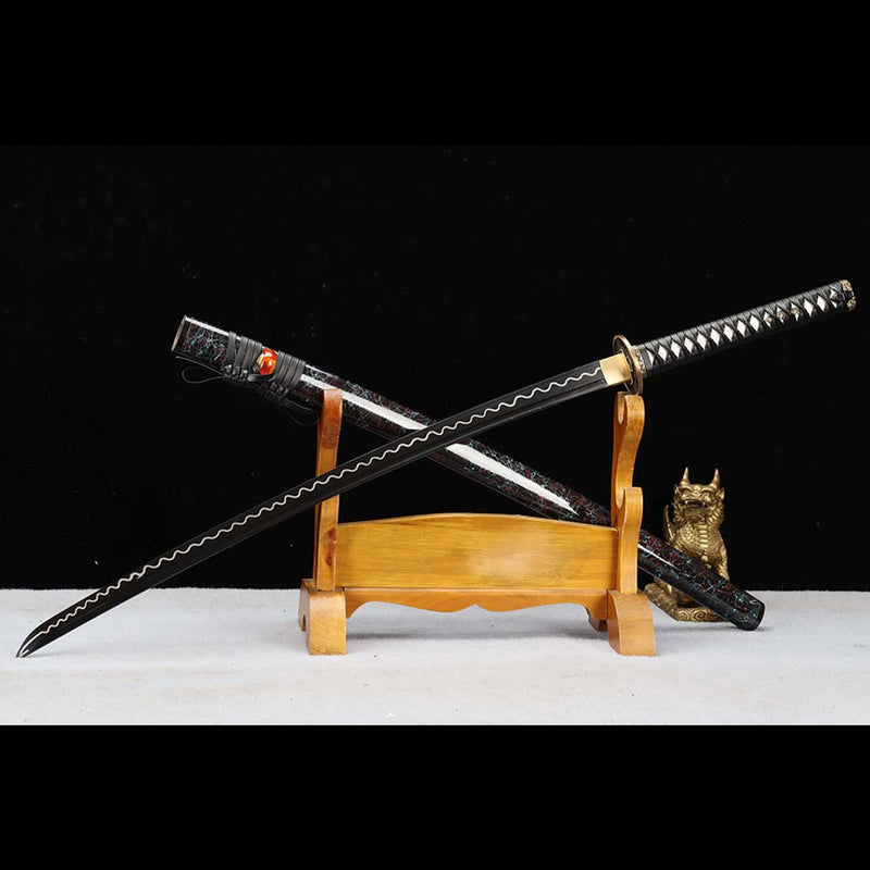 Katana Ripple Pattern 1060 Carbon Steel Black Japanese Samurai Katana Blade with Bo-hi Full ...